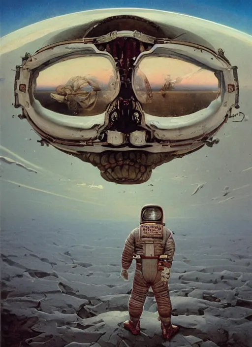 Prompt: realistic detailed image of an cosmonaut alone in the tundra next to whale skeleton in the style of Francis Bacon, Surreal, Norman Rockwell and James Jean, Greg Hildebrandt, and Mark Brooks, triadic color scheme, By Greg Rutkowski, in the style of Francis Bacon and Syd Mead and Edward Hopper and Norman Rockwell and Beksinski, open ceiling, highly detailed, painted by Francis Bacon, painted by James Gilleard, surrealism, airbrush, Ilya Kuvshinov, WLOP, Stanley Artgerm, very coherent, art by Takato Yamamoto and James Jean