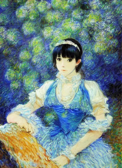 Image similar to a portrait of a moon princess, blue outfit, very anime in impressionist style, trending artwork, anime painter studio, by claude monet