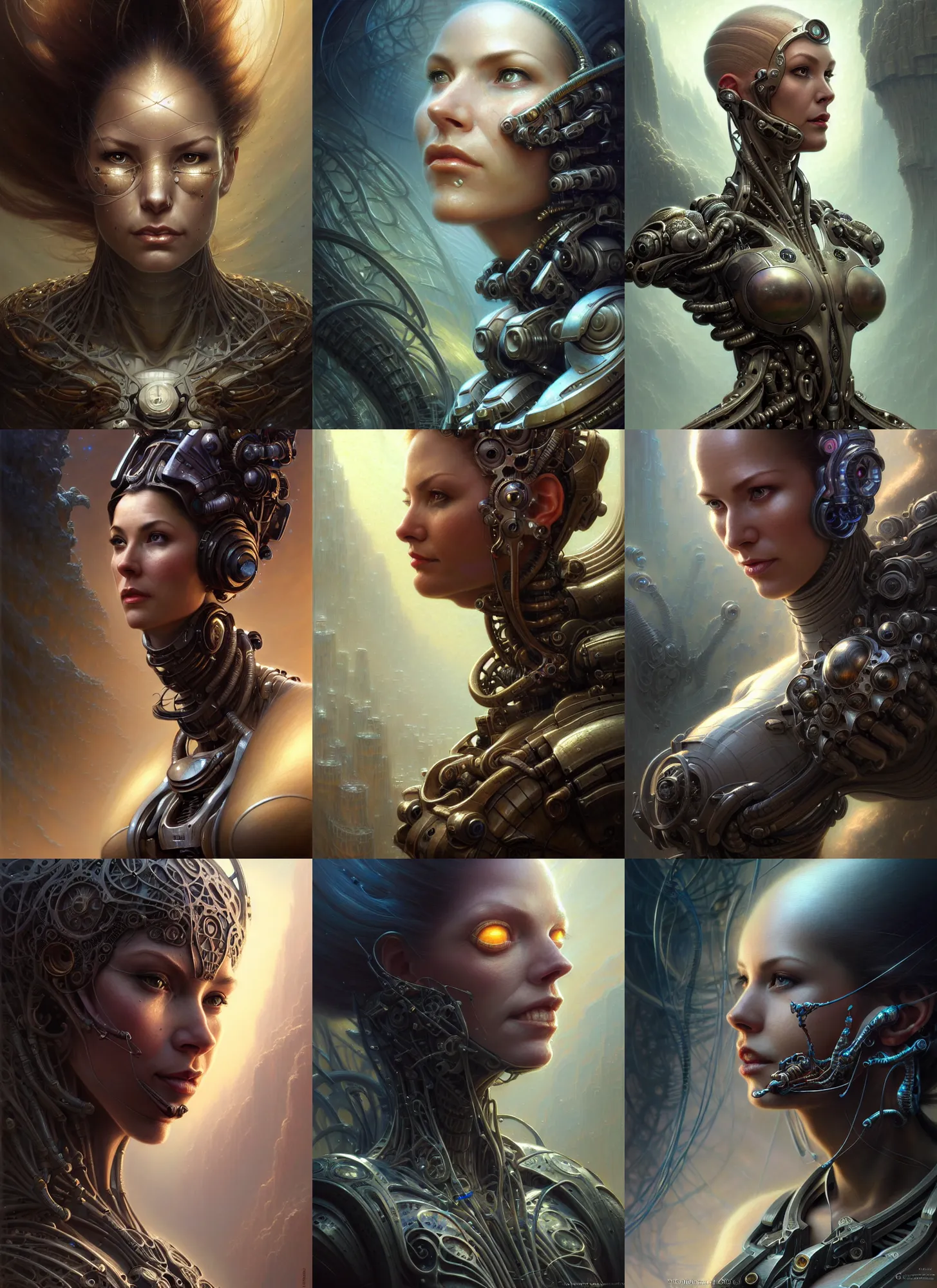 Prompt: closeup portrait shot of a female biomechanic woman in a scifi environment, intricate, elegant, highly detailed, centered, digital painting, artstation, concept art, smooth, sharp focus, warhammer, illustration, thomas kinkade, tomasz alen kopera, peter mohrbacher, donato giancola, leyendecker, boris vallejo