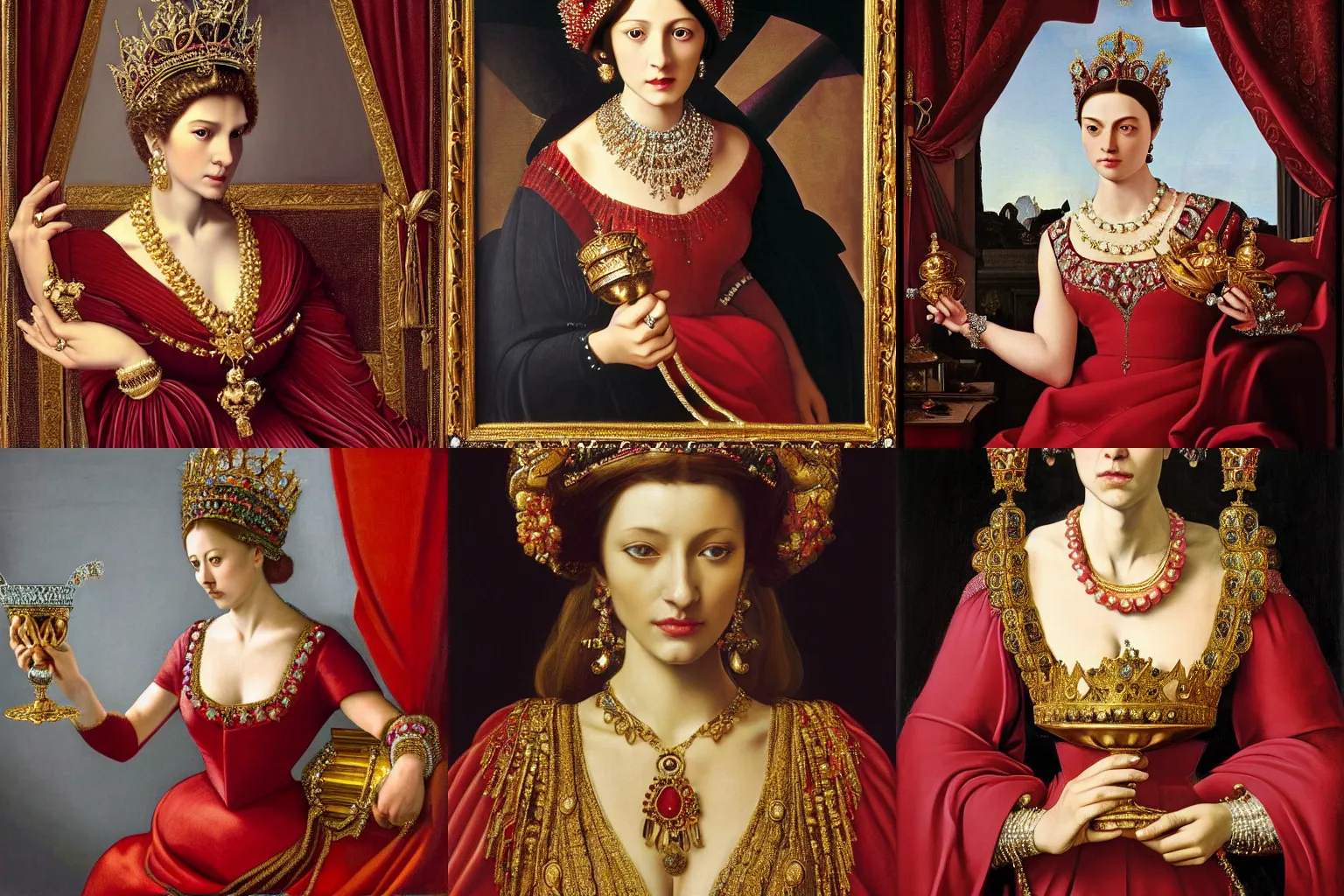 Image similar to A extremely highly detailed majestic hi-res beautiful painting of a beautiful woman wearing a long royal red silk dress, the crown jewels is on her head and she is holding a golden goblet and around her neck is a ornate golden necklace decorated with diamonds and rupees by Michelangelo Merisi da Caravaggio, high detail, hyperrealistic, photorealistic, octante render, cinematic, high textures, hyper sharp, 4k insanely detailed and intricate, hypermaximalist, 8k, hyper realistic, super detailed, 4k HDR hyper realistic high,