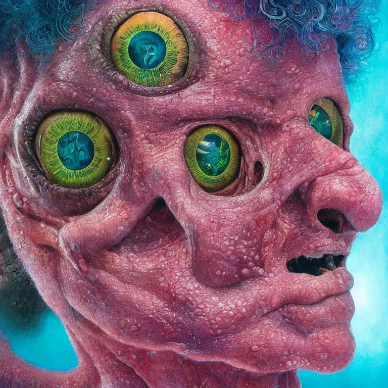 Image similar to Hyperrealistic intensely colored close up studio Photograph portrait of a deep sea bioluminescent Tom Holland, symmetrical face realistic proportions eye contact golden eyes, Smiling in a coral reef underwater, award-winning portrait oil painting by Norman Rockwell and Zdzisław Beksiński vivid colors high contrast hyperrealism 8k