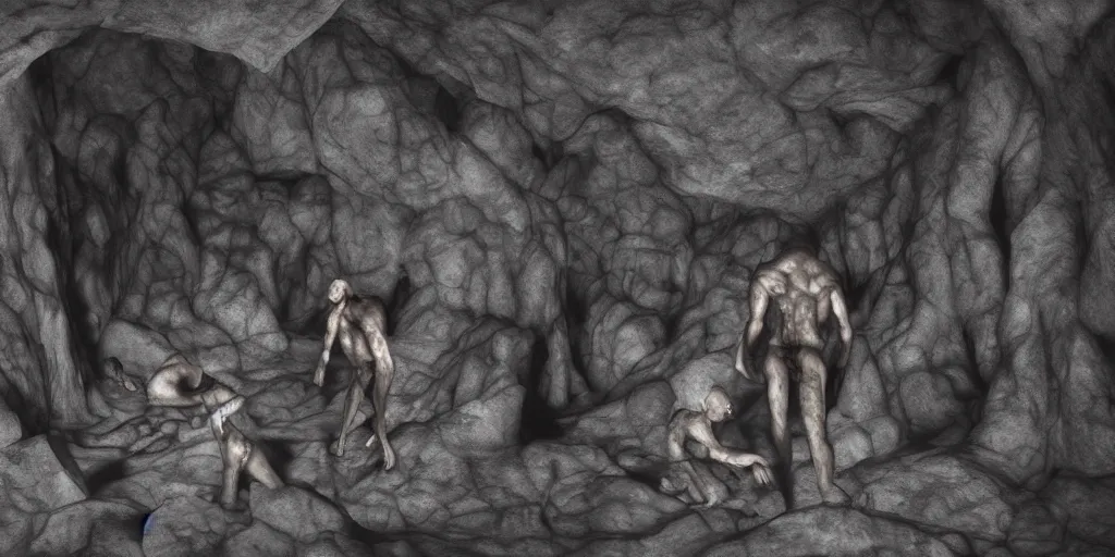 Image similar to dark cave full of skinny monster men, photorealistic, horror movie, evil, wide angle