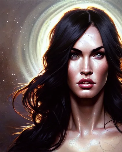 Image similar to portrait of megan fox with sultry face expression, glowing eyes, intricate, headshot, highly detailed, digital painting, artstation, concept art, sharp focus, cinematic lighting, illustration, art by artgerm and greg rutkowski, alphonse mucha, cgsociety