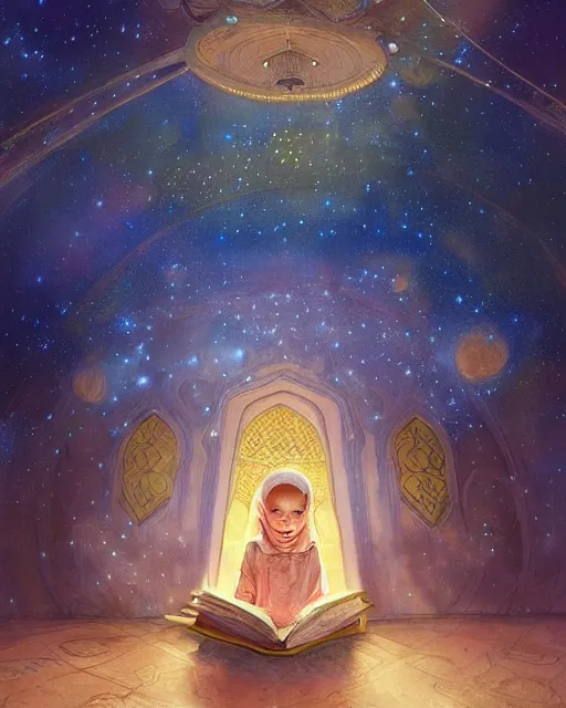 Image similar to bedouin child reading the quran inside of the mosque in the galaxy surrounded by nebula, highly detailed, gold filigree, romantic storybook fantasy, soft cinematic lighting, award, disney concept art watercolor illustration by mandy jurgens and alphonse mucha and alena aenami, pastel color palette, featured on artstation