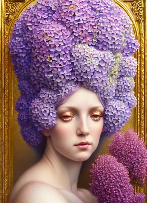 Prompt: a lilac hair beautiful goddess of light, colourful hydrangeas flowers, soft roses, and dried petals, painterly, emotionally evoking methaphoric, ornamental, intricate and elegant, highly detailed photorealistic painting, decorative lines, sharp focus, golden ratio, by tomasz alen kopera and john william godward,