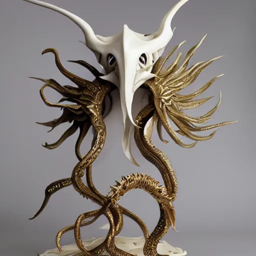 Image similar to angelarium, illithid, cthulhu, white with gold accents, sculpture by ellen jewett