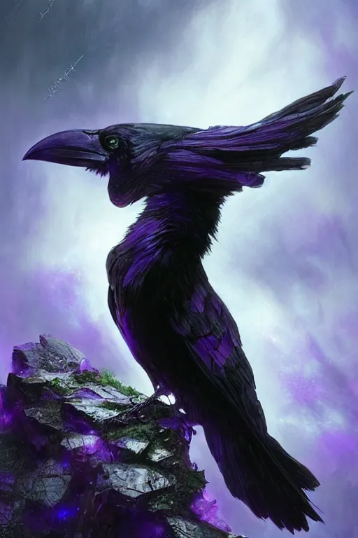 Image similar to portrait of a beautiful one raven perched on purple crystals that are glowing in a misty valley, establishing shot, extremly high detail, foto realistic, cinematic lighting, by yoshitaka amano, ruan jia, kentaro miura, artgerm, post processed, concept art, artstation, raphael lacoste, alex ross