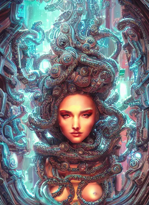 Image similar to ultradetailed ornate cyberpunk sci-fi RPG character illustration of a beautiful symmetric Medusa radiating a majestic glowing aura, intricate smooth fantasy digital painting, concept art, sharp focus, deep neon-noir tones, 3d rim light, Kodakchrome, hyperrealistic, photorealistic, artstation, cgsociety