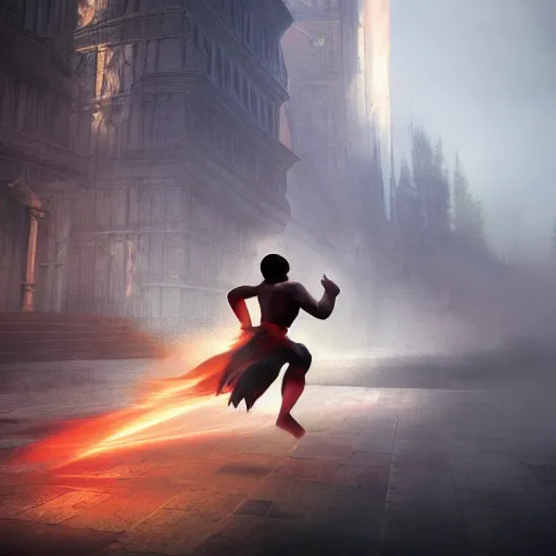 Prompt: wide angle of a warrior running after a monk : 6 character design : 2 midnight, illusion, stunning, breathtaking, majestic, asian fantasy, digital render, line art, unreal engine, de - noise, 8 k, volumetric lighting, symmetrical, pronounced features, detailed contrast, scattered mist, glow 3 d alejandro alvarez alena aenami