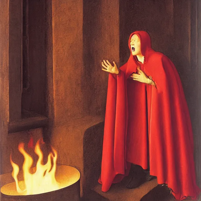 Prompt: an angry screaming woman in a red cloak, fire, by Jan van Eyck