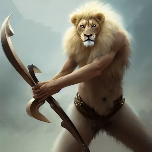 Image similar to commission portrait of a fit male anthro albino lion holding a bow,character design by charles bowater,greg rutkowski,ross tran,hyperdetailed,hyperrealistic,4k,deviantart,artstation,professional photography,concept art