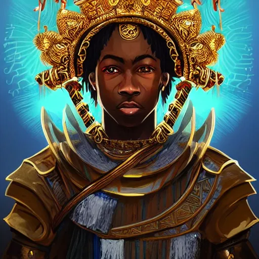 Image similar to a young black boy dressed like an african moorish warrior in gold armor and a crown with a ruby, and a very ornate glowing staff, for honor character digital illustration portrait design, by android jones in a psychedelic fantasy style, dramatic lighting, hero pose, wide angle dynamic portrait