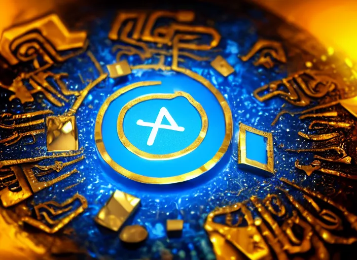 Image similar to flat square magic golden computer chip with runes and a glowing blue crystal in the center, mana flowing around it, flat and dark background, product photo, macro, dynamic composition, hyperrealism, octane render, trending on artstation, unreal engine 5, 4 k, 8 k