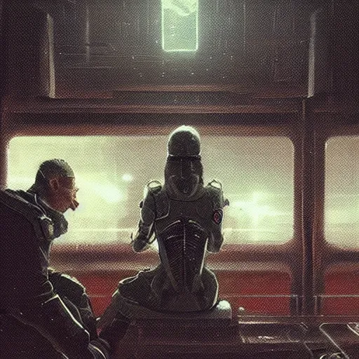 Prompt: scifi art by greg rutkowski, a very tall and slender woman with blond hair, sitting with the crew on the ship's bridge, dark lighting atmosphere, detailed portraits, nostalgic atmosphere, scifi, digital painting, artstation, concept art, smooth, sharp foccus ilustration, artstation hq