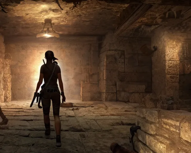 Image similar to screenshot of tomb raider and uncharted and indiana jones videogame ps 5 in an ancient undiscovered room with a chest full of ingots and gems and precious, concept art, architecture design, pyramids style, rtx, nvidia, renderer, stunning graphics