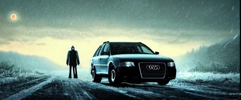 Image similar to Audi A4 B6 Avant (2002), a gritty neo-noir, Robot horror, dramatic bright lighting, cinematic, establishing shot, extremely high detail, photorealistic, cinematic lighting, artstation, by simon stalenhag, Snowy italian road, Snowy Apennines, At night, Poets of the Fall - Late Goodbye