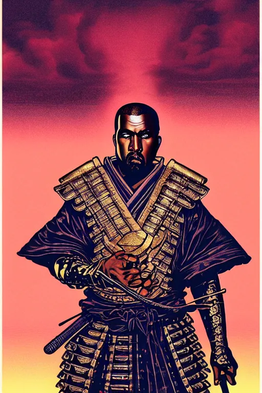 Prompt: poster of kanye west as a samurai, by yoichi hatakenaka, masamune shirow, josan gonzales and dan mumford, ayami kojima, takato yamamoto, barclay shaw, karol bak, yukito kishiro