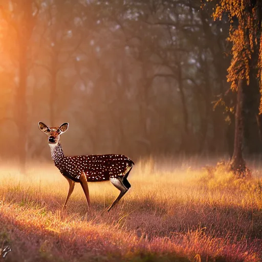 Image similar to a beautiful spotted deer in the woods lit by the morning sky, sunrise, chital, photorealistic, by annie leibovitz and steve mccurry, natural light, canon eos c 3 0 0, ƒ 1. 8, 3 5 mm, 8 k, medium - format print