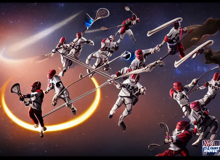 Prompt: lacrosse team versus chitauri, playing intergalactic championship, in space, highly detailed, 8k, intricate, sony a7r iv 55mm, award winning.