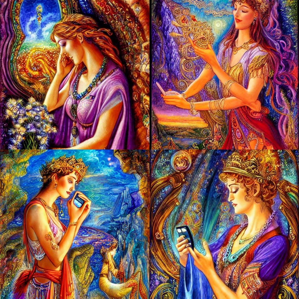 Image similar to goddess checking her phone, by josephine wall
