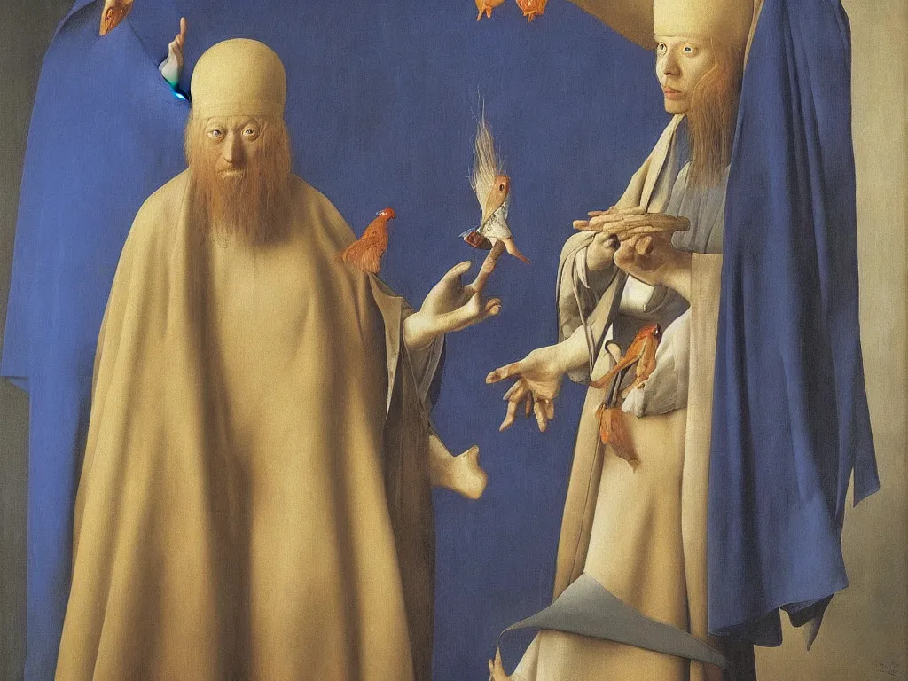 Image similar to Portrait of albino mystic with blue eyes, with Sufi whirling dervish. Painting by Jan van Eyck, Audubon, Rene Magritte, Agnes Pelton, Max Ernst, Walton Ford