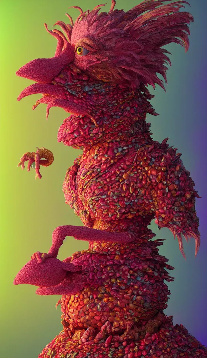 Image similar to hyper detailed 3d render like a Oil painting - kawaii portrait of two Aurora (a beautiful skeksis muppet fae queen protector from dark crystal that looks like Anya Taylor-Joy) seen red carpet photoshoot in UVIVF posing in scaly dress to Eat of the Strangling network of yellowcake aerochrome and milky Fruit and His delicate Hands hold of gossamer polyp blossoms bring iridescent fungal flowers whose spores black the foolish stars by Jacek Yerka, Ilya Kuvshinov, Mariusz Lewandowski, Houdini algorithmic generative render, Abstract brush strokes, Masterpiece, Edward Hopper and James Gilleard, Zdzislaw Beksinski, Mark Ryden, Wolfgang Lettl, hints of Yayoi Kasuma and Dr. Seuss, octane render, 8k