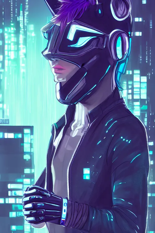 Prompt: beautiful portrait commission of a male anthro dolphin-headed character with a fin wearing cyberpunk clothes. Cyberpunk city at night