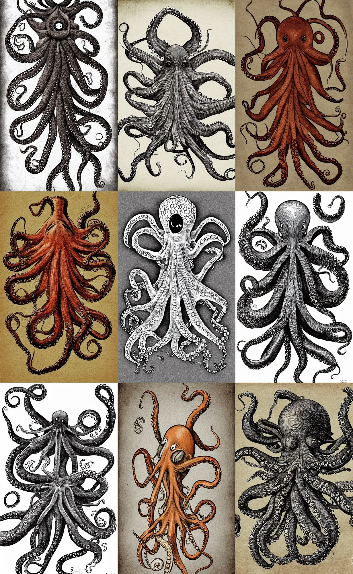 Prompt: octopus and hamburger hybrid creature, hand drawn illustration, antique digital art, highly detailed