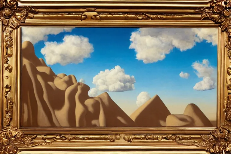 Prompt: impossibile sand structure with a small crowd outside on a tropical island, fluffy clouds, blue sky by magritte and de chirico, oil painting, hyper detailed, masterpiece 4 k