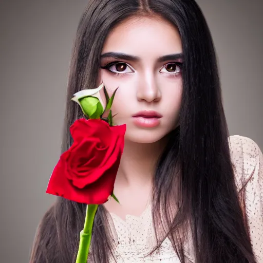 Image similar to young girl arabic oriental, black long hair, sharpe eyes very very beautiful, holding red rose high resolution 8 k, very detailed