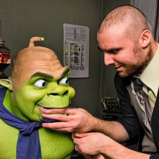 Prompt: Doctor Shrek give a medicine to Szymon Hołownia