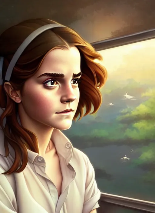 Image similar to cute bus driver emma watson, natural lighting, path traced, highly detailed, high quality, digital painting, by don bluth and ross tran and studio ghibli and alphonse mucha, artgerm