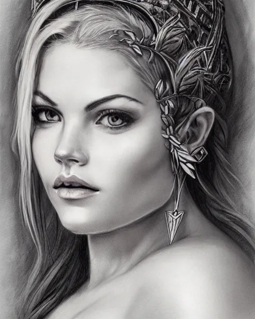 Image similar to realism tattoo sketch of elisha cuthbert as a beautiful greek goddess aphrodite with piercing eyes wearing a laurel wreath and triangle earrings, in the style of greg rutkowski, amazing detail