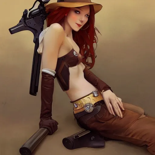 Prompt: a redhead cowgirl holding a revolver, full-body shot, digital painting, smooth, elegant, hd, art by WLOP and Artgerm and Greg Rutkowski and Alphonse Mucha