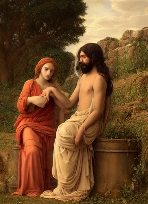 Prompt: beautiful art portrait by John William Godward and Anna Dittman depicting jesus and the samaritan woman at the well in the judean countryside, evening, atmospheric lighting, intricate detail, cgsociety, hyperrealistic, octane render, ambient light, dynamic lighting