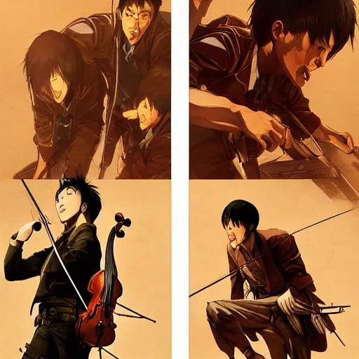 Prompt: realistic portrait of eddie and brett from twosetviolin holding violins in attack on titan, dramatic lighting, illustration by greg rutkowski, yoji shinkawa, 4 k, digital art, concept art, trending on artstation