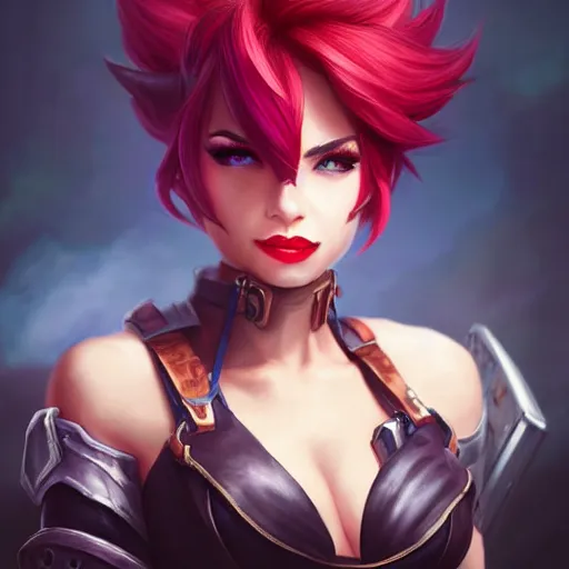 Image similar to portrait of Vi from League of Legends, by Fortiche Studio, from Netflix's Arcane, trending on artstation,fine details, realistic shaded, fine-face, Steampunk city on the background, red hair, painted texture, pretty face,by Artgerm