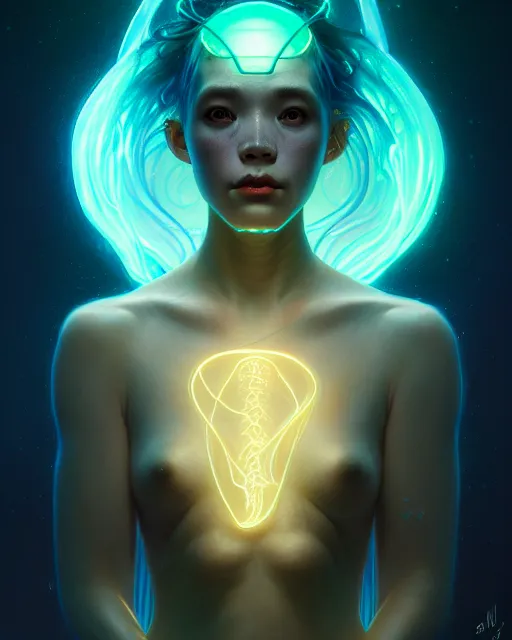 Image similar to one singular portrait of a sad bioluminescent creature, highly detailed, digital painting, cinematic, hyper realism, dark retrowave, art by stanley lau and artgerm and magali villeneuve and alphonse mucha, artstation, octane render, cgsociety