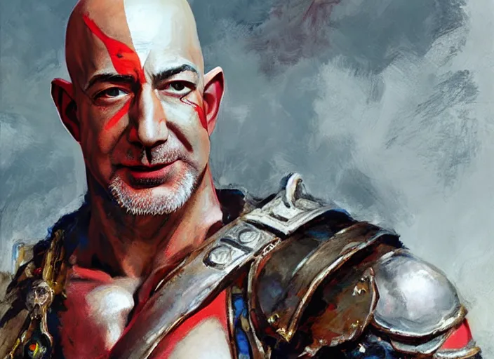 Prompt: a highly detailed beautiful portrait of jeff bezos as kratos, by gregory manchess, james gurney, james jean