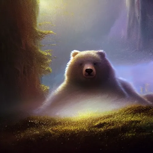 Image similar to cinematic shot of a fluffy bear wanting a hug rainny casper david friedrich raphael lacoste vladimir kush leis royo bruce pennington volumetric light effect broad light oil painting painting fantasy art style sci - fi art style realism artwork unreal engine