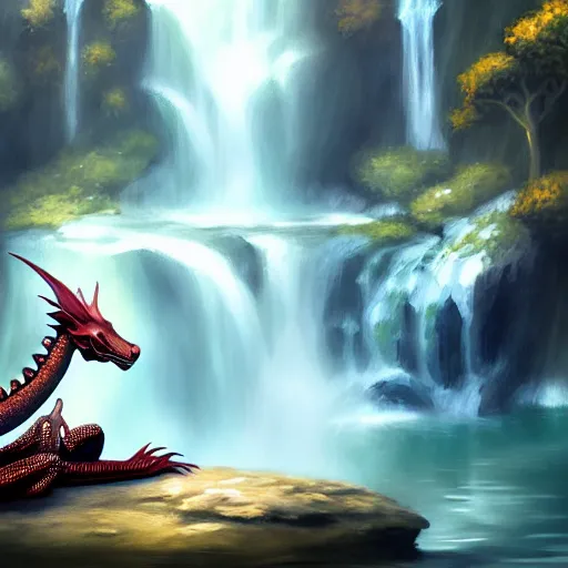 Image similar to beautiful photoshop commission of a slender dragon relaxing by a waterfall, digital painting, artstation, art by Jaime Jones