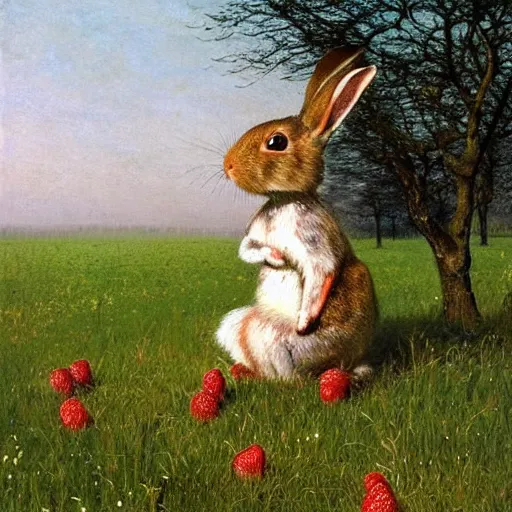 Image similar to a beautiful painting of a cute rabbit eating raspberries on a sunny meadow during midday, stunningly beautiful, trending on artstation, by john atkinson grimshaw