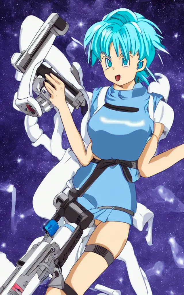 Prompt: cute anime girl bulma from dbz holding a space lazer rifle