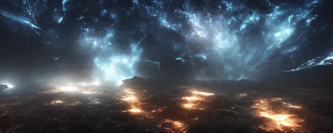 Image similar to dark galaxy, realistic lighting, dynamic lighting, octane render, houdini simulation