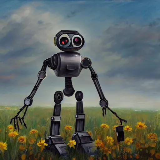 Prompt: a robot made from computer scraps admiring a flower in a wasteland, realistic painting, golden ratio, 8k