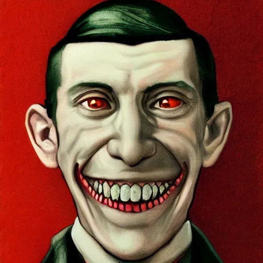 Prompt: lovecraft with a disturbingly large smile, potrait, realistic