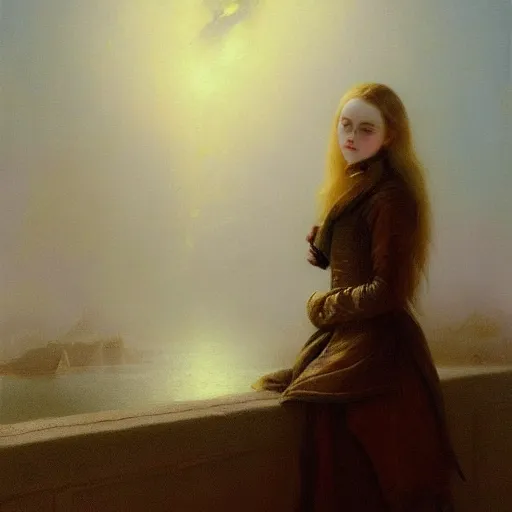 Prompt: a striking hyper real painting of Elle Fanning with cybernetics by Ivan Aivazovsky Buchholz