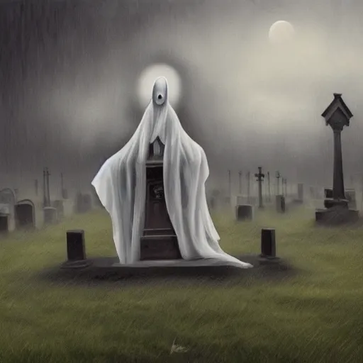 Prompt: ominous bedsheet ghost floating above a grave, oil painting, brush strokes, gloomy misty atmosphere, symmetrical, full body image, highly ornate intricate details,