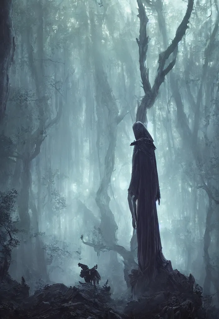 Image similar to a fancy portrait of a celestial standing in a large forest by greg rutkowski, sung choi, mitchell mohrhauser, maciej kuciara, johnson ting, maxim verehin, peter konig, bloodborne, 8 k photorealistic, cinematic lighting, hd, high details, dramatic, dark atmosphere, trending on artstation