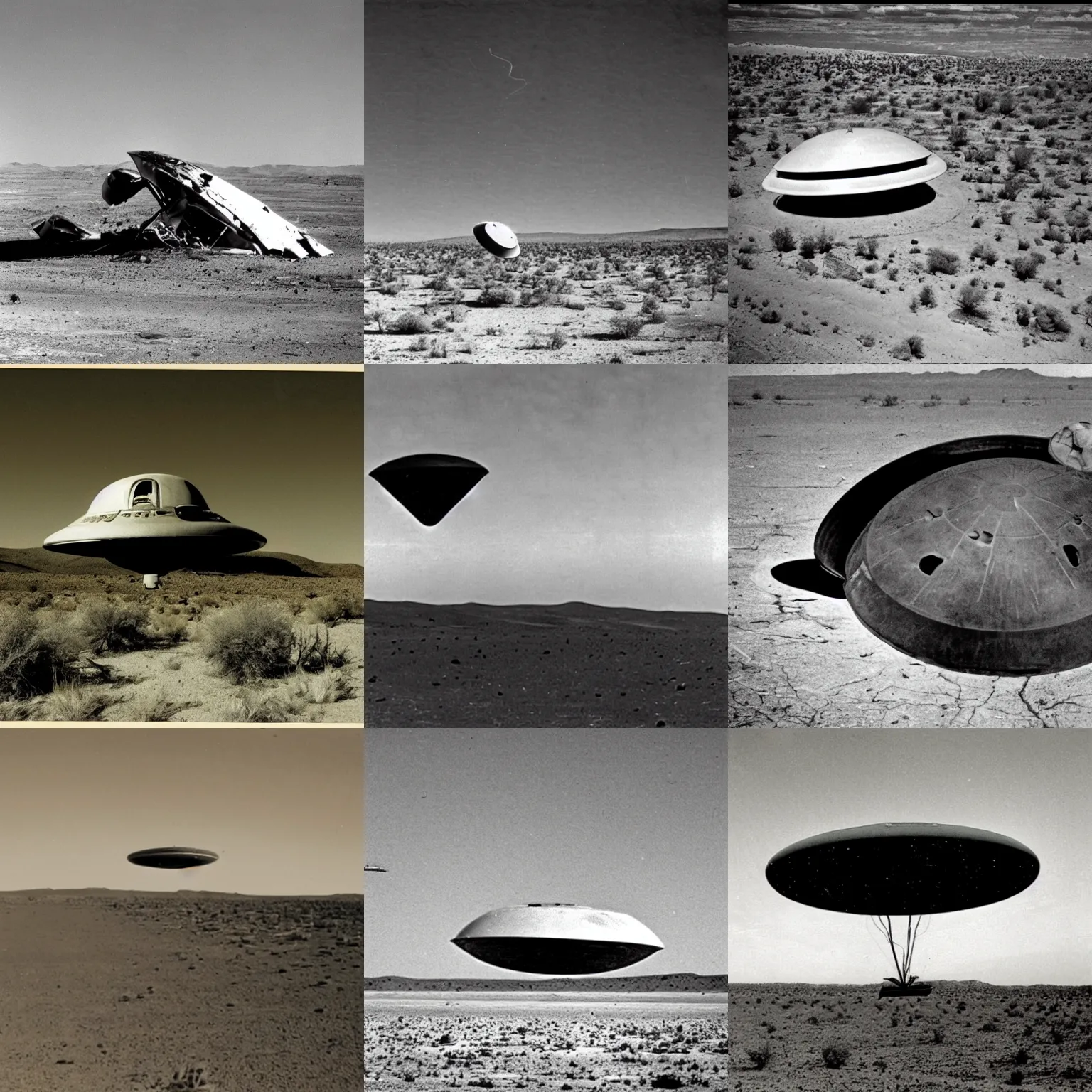 Prompt: vintage photograph of a ufo crash in the desert of roswell, sepia